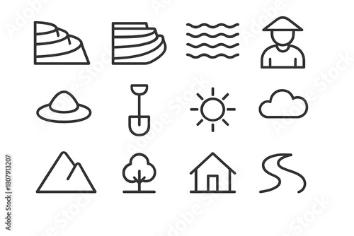 Terraced Fields Icons. Terraced fields. Line icon set of terraced fields: hillside, rice terraces, water lines, farmer, hat, shovel, sun, cloud, mountain,
