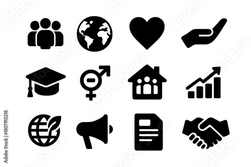 Social Impact Icons. Social impact. Solid icon set of Social impact: people group, world map, heart, charity hand, education cap, gender equality symbol,