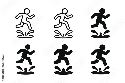 Puddle Jump Logo Variations. Jumping over puddles. Icon set. Set Logo of Jumping over puddles: Splashing water. harmonious logo variations of the