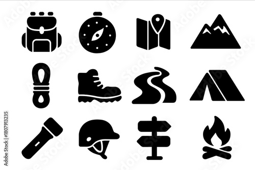 Adventure Icon Set. Adventure Travel. Solid icon set of Adventure Travel: backpack, compass, map, mountain, rope, hiking boots, river, tent, flashlight,