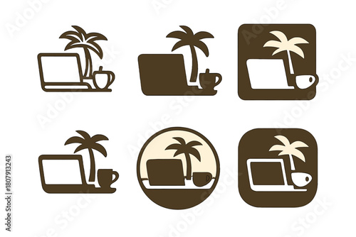 Digital Nomad Icons. Digital nomad lifestyle and travel work. Icon set. Set Logo of Digital nomad lifestyle and travel work: Airplane with laptop. harmonious