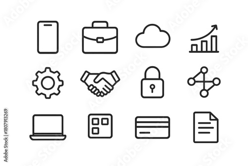 Enterprise Mobility Icons. Enterprise mobility. Line icon set of enterprise mobility: smartphone, briefcase, cloud, chart, gear, handshake, secure lock,