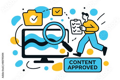 Media Compliance Audit. Television licensing and regulations ? Media compliance audit. A magnifying glass hovers over TV waves; folders and check marks orbit