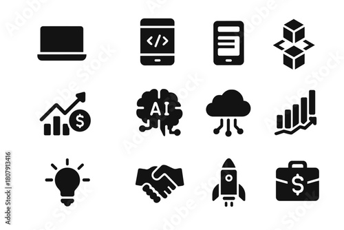 Tech Startup Icons. Tech startup investment. Solid icon set of Tech startup investment: laptop, coding screen, app prototype, blockchain symbol, fintech graph,