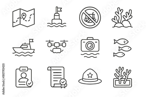 Marine Conservation Icons. Marine Protected Areas. Line icon set of Marine Protected Areas: protected zone map, boundary buoy, no trawl sign, reef icon, patrol