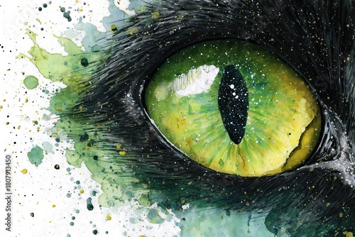 A black cat's eye painted in watercolor