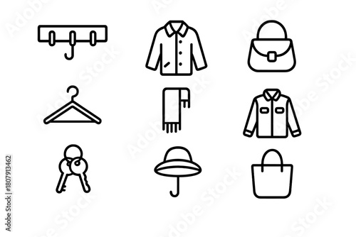 Coat Rack Icon Set. Coat rack organization. Line icon set of Coat rack organization: wall hook, coat, backpack, handbag, hanger, scarf, hat, jacket, keys,