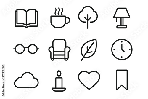 Literary Icons Set. Literary Relaxation. Line icon set of Literary Relaxation: open book, coffee cup, tree, lamp, glasses, chair, leaf, clock, cloud, candle,