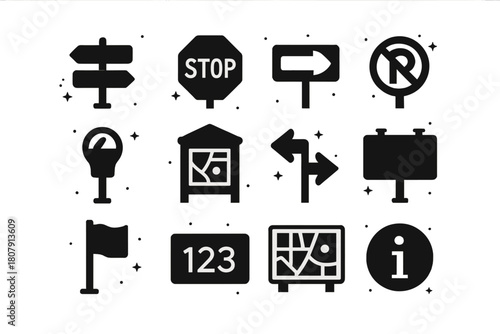 City Signage Icons. City signage and wayfinding. Solid icons set of City signage and wayfinding: street name sign, stop sign, one-way sign, no parking sign,
