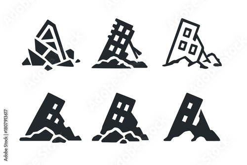 Wasteland Logo Variations. Wasteland. Icon set. Set Logo of wasteland: collapsed structure. harmonious logo variations of the same emblematic concept, each