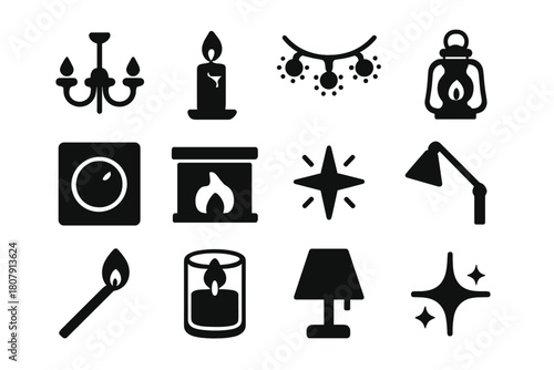 Ambiance Icon Set. Ambiance and Lighting. Solid icon set of Ambiance and Lighting: chandelier, candle, fairy lights, lantern, dimmer switch, fireplace, glowing