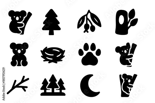 Tree-Dwelling Icons. Tree-Dwelling Animals. Solid icon set of Tree-Dwelling Animals: koala, tree, eucalyptus branch, leaves, baby koala, nest, paw print, tree