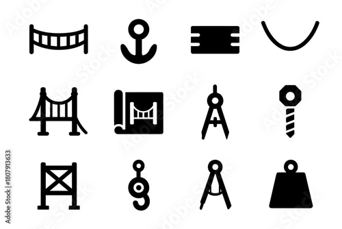 Suspension Bridge Icons. Suspension bridge design. Solid icon set of Suspension bridge design: rope bridge, anchor point, plank, support cable, tension line,