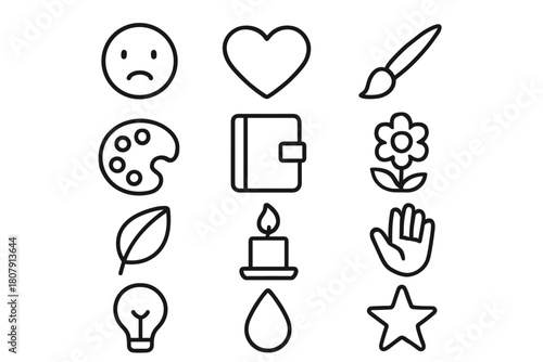 Emotional Icon Set. Emotional expression. Line icon set of emotional expression: face outline, heart, paintbrush, palette, journal, flower, leaf, candle, hand,
