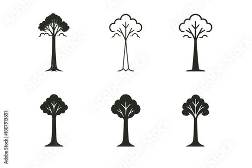 Tall Tree Logos. Tall tree reaching sky. Icon set. Set Logo of tall tree reaching sky: single oak tree under clouds. harmonious logo variations of the same
