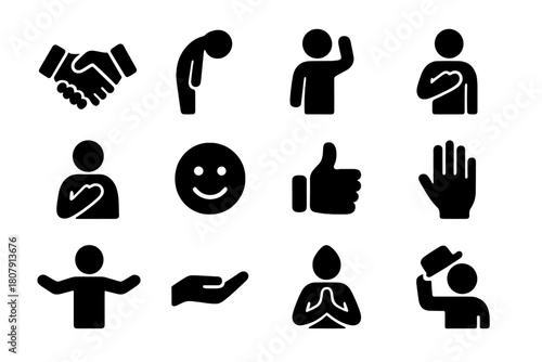 Polite Gestures Icons. Polite gestures. Solid icon set of Polite gestures: handshake, bow, wave, hand on heart, namaste, smile, thumbs up, raised hand, open