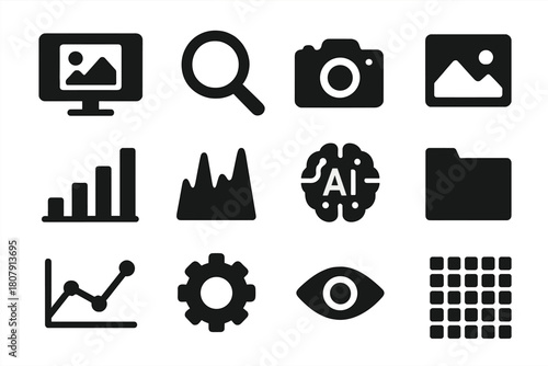 Image Analysis Icons. Image Analysis Software. Solid icon set of Image Analysis Software: computer monitor, magnifying glass, camera, photo, chart, histogram,