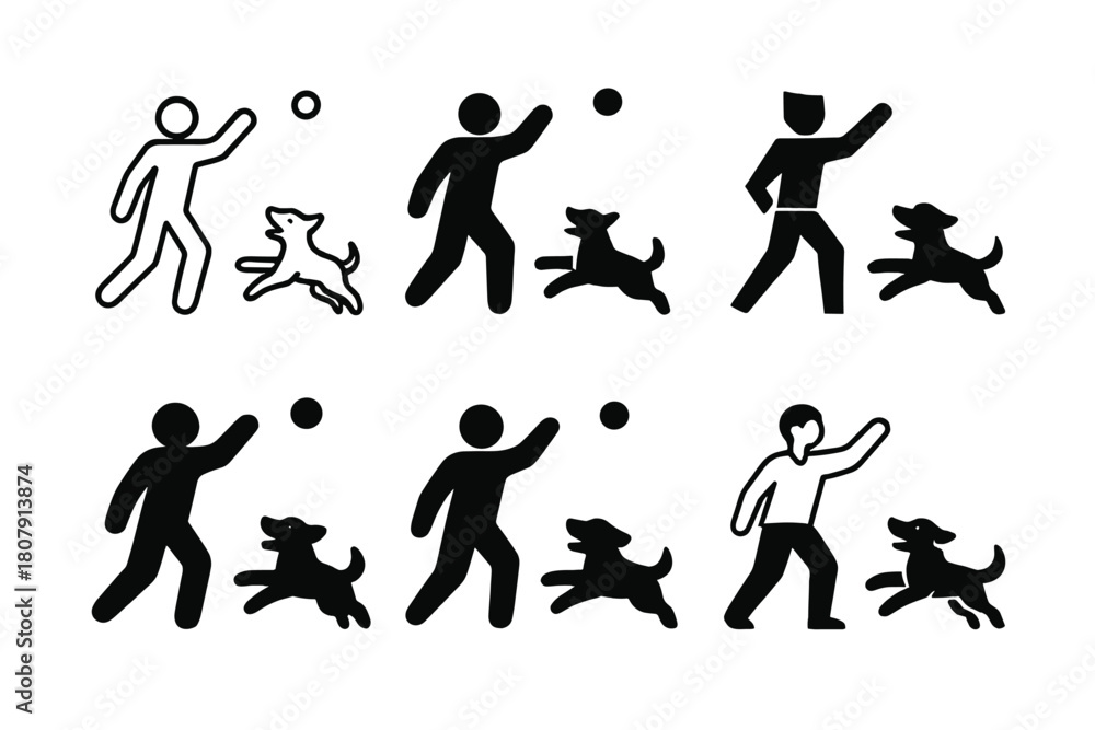 Obraz premium Joyful Pets Logos. joyful pets playing with their owners. Icon set. Set Logo of joyful pets playing with their owners: person running with dog in park.