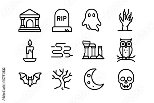 Haunted Crypt Icons. Haunted crypt. Line icon set of Haunted crypt: crypt, tombstone, ghost, skeleton hand, candle, fog, ancient ruins, owl, bat, twisted tree,