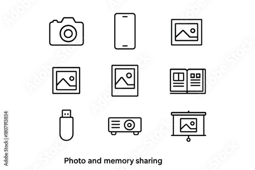 Photo Sharing Icons. Photo and memory sharing. Line icon set of photo and memory sharing: camera, smartphone, tripod, photo frame, instant photo, scrapbook,