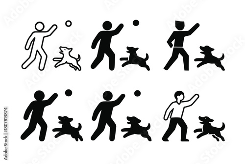 Joyful Pets Logos. joyful pets playing with their owners. Icon set. Set Logo of joyful pets playing with their owners: person running with dog in park.