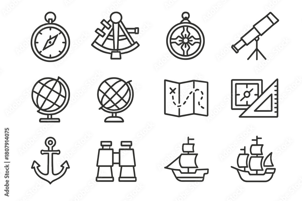 Naklejka premium Outline Navigational Icons. Navigational tools. Line icon set of navigational tools: compass, sextant, astrolabe, telescope, globe, map, chart,