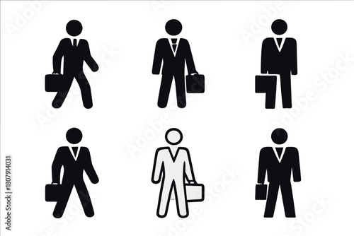 Suit Logo Variations. Wearing suit. Icon set. Set Logo of wearing suit: person silhouette straightening cuffs on blazer. harmonious logo variations of the same