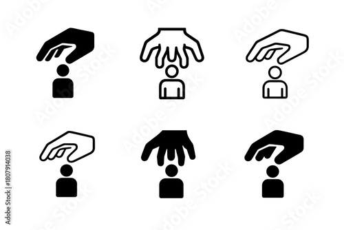 Hostile Takeover Icons. Hostile takeover. Icon set. Set Logo of hostile takeover: grasping hand over a smaller figure. harmonious logo variations of the same