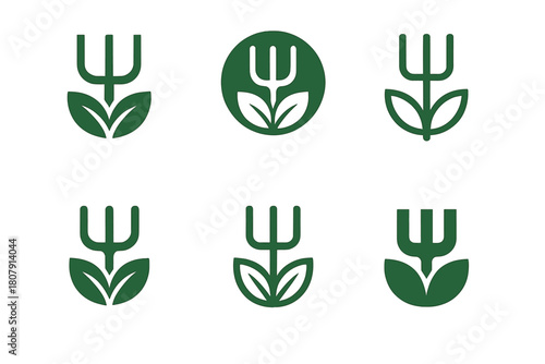 Eco-Friendly Farming Icons. Eco-Friendly Farming Practices. Icon set. Set Logo of Eco-Friendly Farming: solar barn and green field. harmonious logo variations