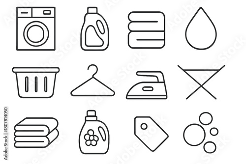 Laundry Icon Set. Laundry care. Line icon set of laundry care: washing machine, detergent bottle, towel, water droplet, laundry basket, hanger, iron, drying