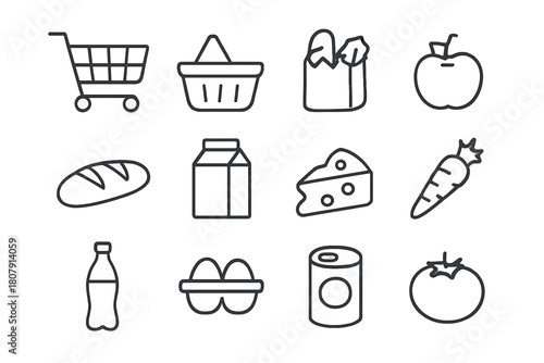 Grocery Icon Set. Grocery essentials set. Line icon set of Grocery essentials set: shopping cart, basket, bread loaf, milk carton, cheese, apple, carrot,