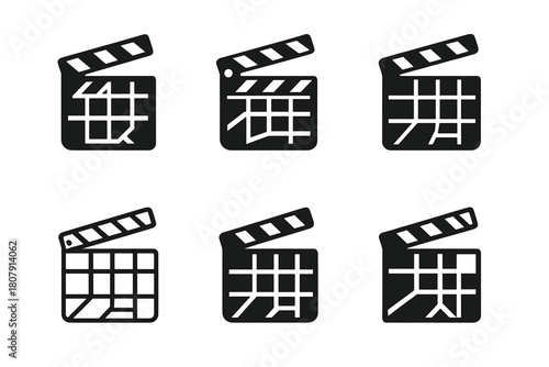 Hollywood Boulevard Logos. Hollywood Boulevard. Icon set. Set Logo of Hollywood Boulevard: clapboard merged with boulevard map grid. harmonious logo variations