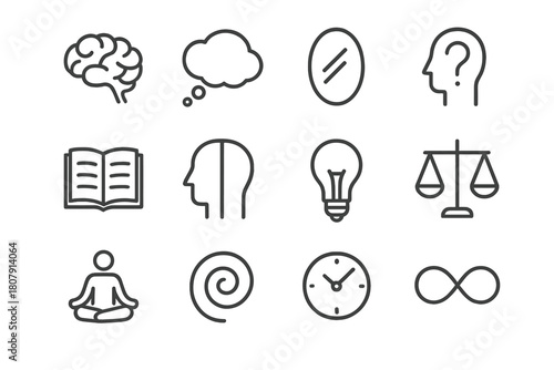 Philosophy Icon Set. Philosophy of mind. Line icon set of philosophy of mind: brain, thought bubble, mirror, question mark, book, human head split, light bulb,