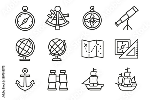 Outline Navigational Icons. Navigational tools. Line icon set of navigational tools: compass, sextant, astrolabe, telescope, globe, map, chart,