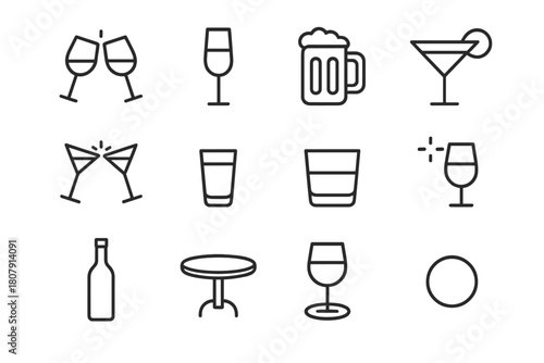 Elegant Drink Icons. Celebration cheers. Line icon set of celebration cheers: wine glass, champagne flute, beer mug, cocktail glass, martini glass, shot glass,