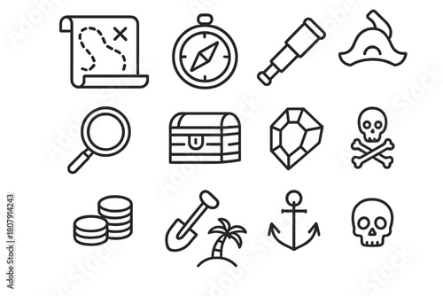 Treasure Map Icons. Treasure map journey. Line icon set of treasure map journey: map, compass, telescope, magnifying glass, treasure chest, pirate hat, gold