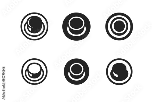Old Hat Logos. Old hat. Icon set. Set Logo of old hat: circular top hat viewed from above. harmonious logo variations of the same emblematic concept, each with