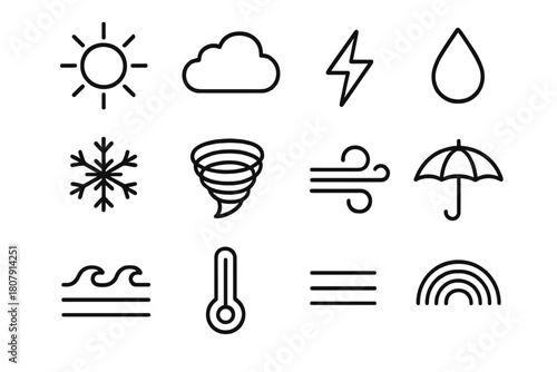 Weather Icon Set. Weather patterns. Line icon set of weather patterns: sun, cloud, lightning bolt, raindrop, snowflake, tornado, wind swirl, umbrella, wave,