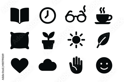 Peaceful Reading Icons. Peaceful Reading. Line icon set of Peaceful Reading: open book, person sitting, tree, leaf, sun, glasses, coffee cup, bird, cloud,