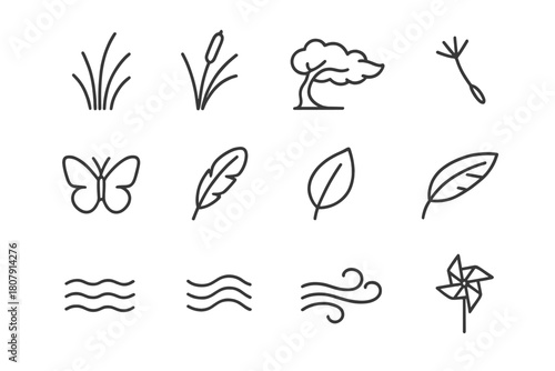 Aeolian Icon Set. Aeolian nature. Line icon set of aeolian nature: tall grass, reed, windblown tree, dandelion seed, butterfly, feather, leaf, seed pod, wave