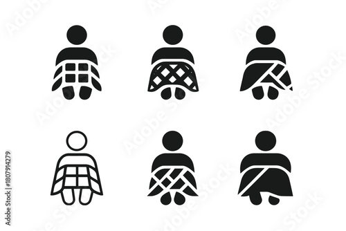 Knees and Blankets Logo. Blanket over knees. Icon set. Set Logo of blanket over knees: top-down view of seated person with warm plaid. harmonious