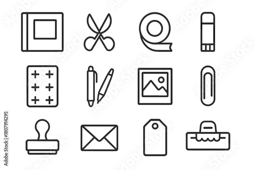 Scrapbooking Icon Set. Scrapbooking collage. Solid icon set of Scrapbooking collage: scrapbook, ribbon, lace border, heart sticker, paper flower, photo tag,