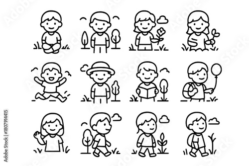 Children's Icon Line Art. Children?s portraits in natural settings. Line icon set of Children?s portraits in natural settings: child sitting, child standing,