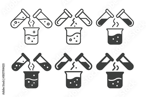Chemical Icon Set. Chemical composition. Icon set. Set Logo of Chemical Reaction: Mixing liquids. Stylized detail, Abstract geometric, Minimal outline, Filled