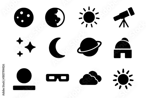 Lunar Eclipse Icons. Lunar Eclipse. Solid icon set of Lunar Eclipse: moon, earth shadow, sun, telescope, stars, crescent moon, planet, observatory, eclipse