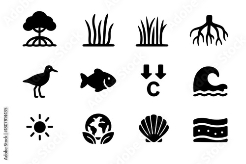Blue Carbon Icons. Blue carbon ecosystems. Solid icon set of Blue carbon ecosystems: mangrove trees, seagrass bed, tidal marsh, wetland roots, bird, fish,