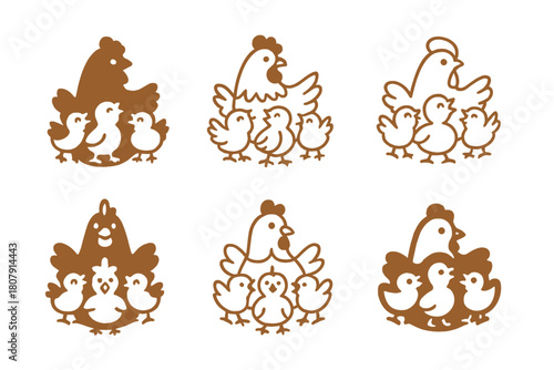 Joyful Farm Icons. Joyful scenes at a farm, with baby animals. Icon set. Set Logo of farm joy: mother hen surrounded by cheerful chicks. harmonious logo