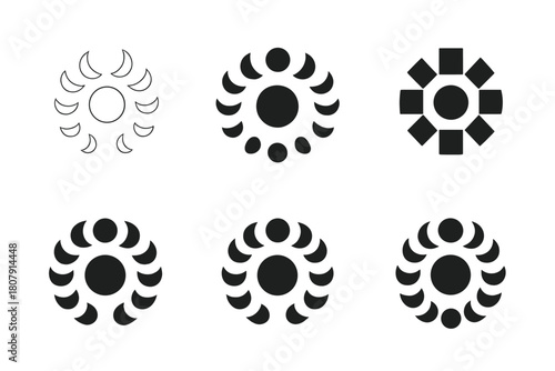 Moon Phase Logos. Moon phases. Icon set. Set Logo of moon phases: eight-phase arc around a central circle. harmonious logo variations of the same emblematic