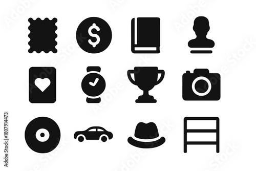 Collectibles Icon Set. Collectibles. Solid icon set of collectibles: stamp, coin, book, figurine, card, watch, trophy, camera, vinyl record, model car, hat,