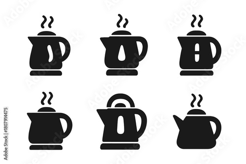 Kettle Icon Set. Preparing a warm drink. Icon set. Set Logo of Kettle: Boiling water. Flat solid, Symmetrical form, Stylized detail, Iconic shape, Minimal
